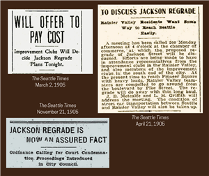 Newspaper clippings on a brown background about the Jackson Street regrade